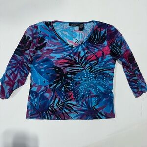Le Meiux studio colorful floral top with sheer sleeves size S